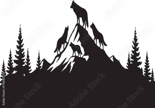 Silhouette of a wolf pack on a mountain with pine trees, isolated