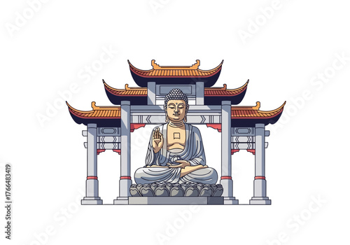 Seated Buddha statue under a temple roof structure detailed pixel art