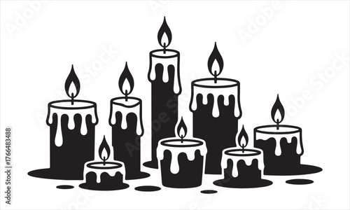 Set of candle icons – black burning silhouettes with melted wax and flame shapes for minimalist design themes.