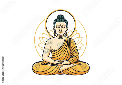 Seated Buddha with halo saffron robe tattoos in lotus position