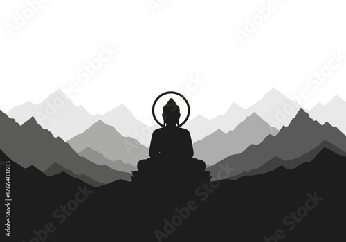 Silhouette of Buddha with halo amidst layered grayscale mountains under a white sky
