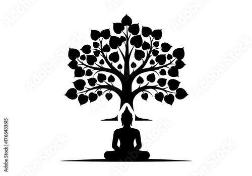 Silhouette of Buddha meditating under a Bodhi tree represented in stark black on white