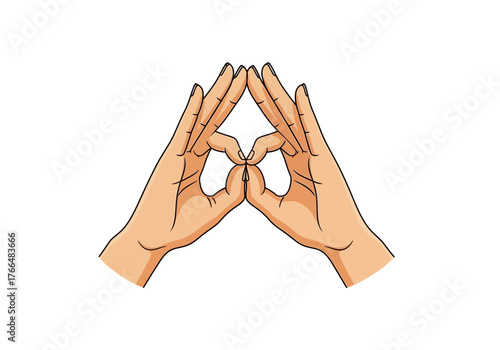 Two cartoon hands make an A shape with fingers knuckles touching on a white background