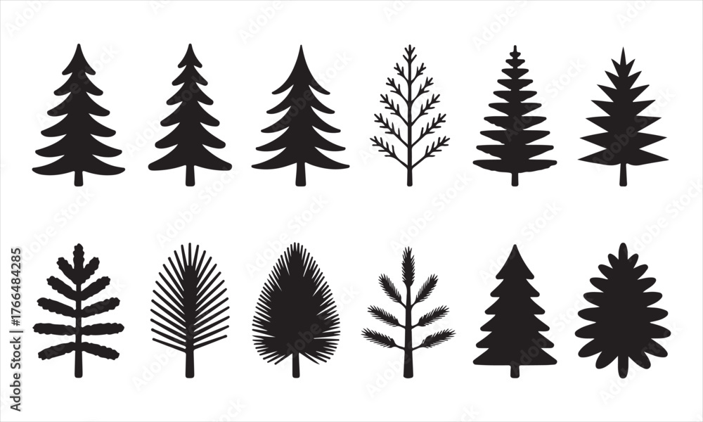 Obraz premium Botanical pine tree vector collection – simple natural tree icons for eco, forest, or holiday design use.
