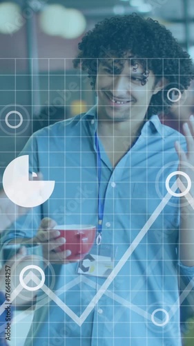 Animation of computer language and icons over diverse coworkers with coffee cups talking in office