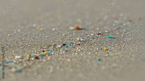 Wallpaper Mural Macro shot of beach sand with colorful microplastic pieces. Coastal pollution, environmental waste, plastic debris on shore, marine contamination, ocean plastic particles, beach microplastic Torontodigital.ca
