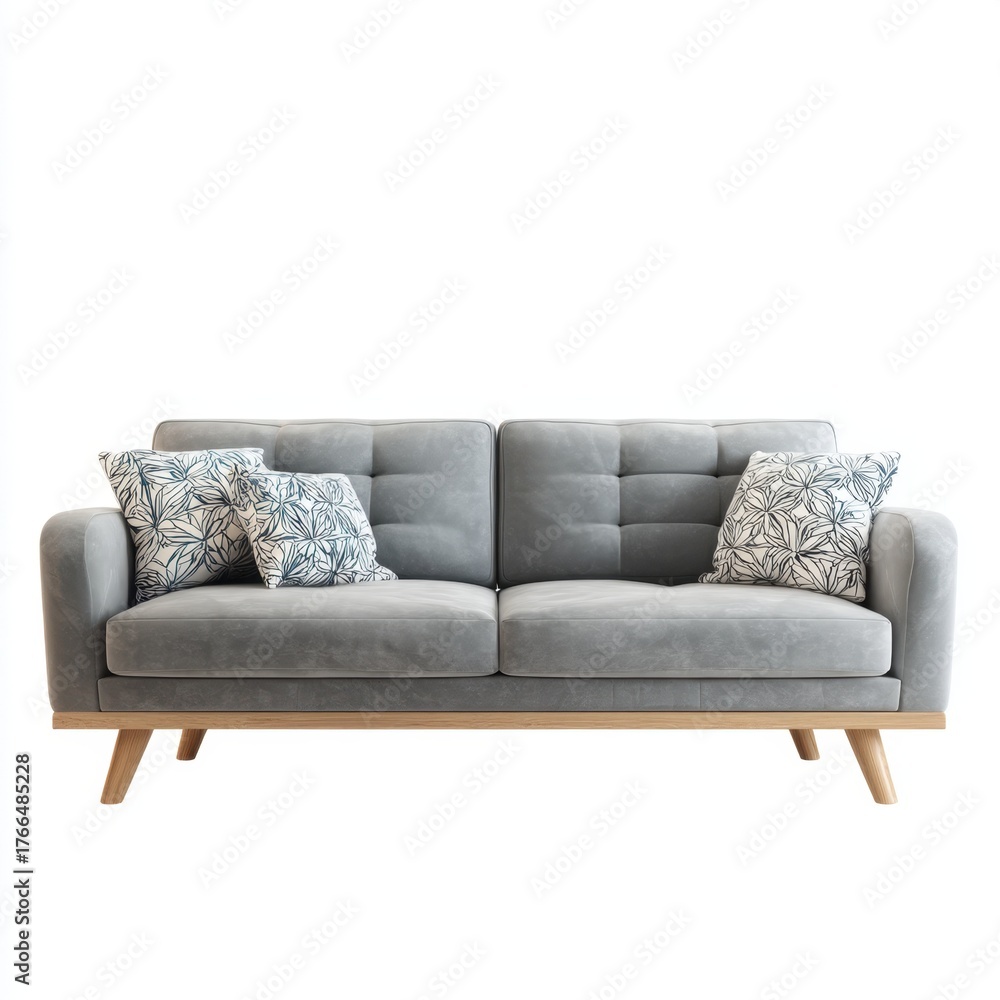 Fototapeta premium Modern and Stylish Grey Sofa with Elegant Cushions for Contemporary Living Room and Home Decor, Perfect for Cozy Atmosphere and Comfort