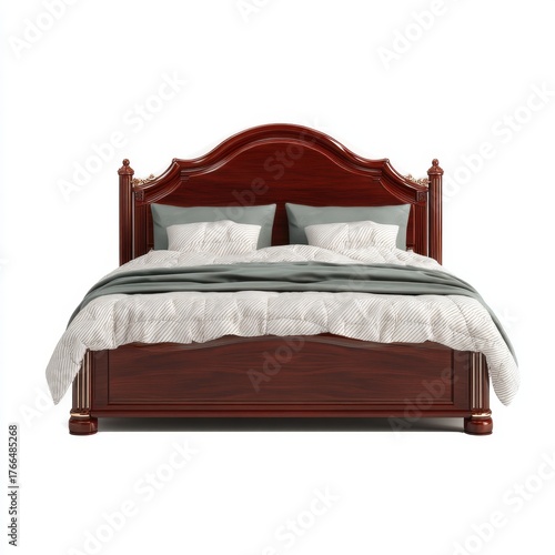 Elegant wooden bed frame with plush bedding and decorative pillows showcasing a classic design perfect for luxurious bedroom interiors