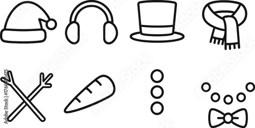 Winter and Snowman Accessories Line Drawings Set