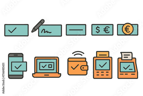 Set of Payment and Transaction Confirmation Icons in Line Style