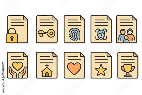 Paper Icons Set with Symbolic Emblems in Line Style