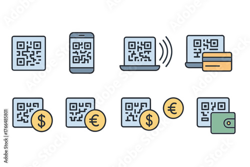 Digital Payments and QR Codes Stylized Icons Set