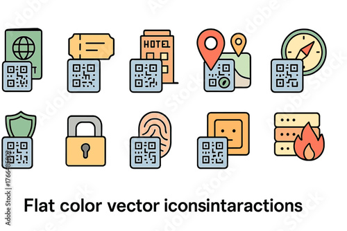 Set of 12 flat color vector icons with QR code