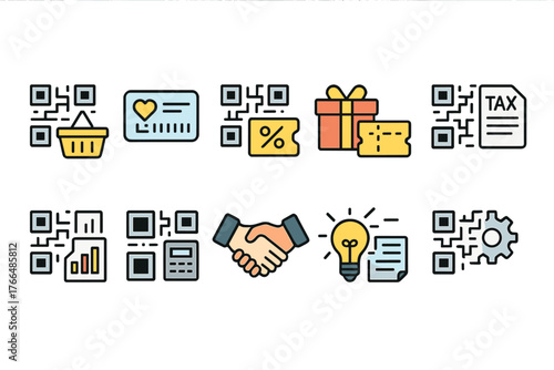 Modern and Minimalistic Business Icons Set with QR Code Symbol