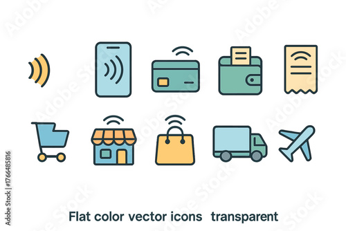 Set of outlined flat color digital transaction and shopping icons