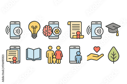Colorful Minimalist Vector Icons Set with Smartphone, Light Bulb, Brain, Document, Graduation Cap, Book, Family, Leaf