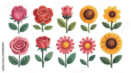 Collection of watercolor illustrations of blooming roses and sunflowers on a white background