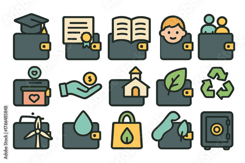 Financial and Sustainability Icons Set in Flat Style