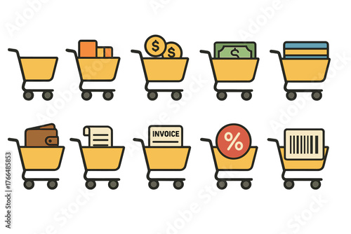 Set of Ten Shopping Cart Icons in Flat Style with Various Financial and Commerce Concepts