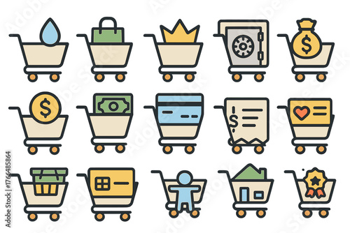 Collection of 16 shopping cart icons in flat design