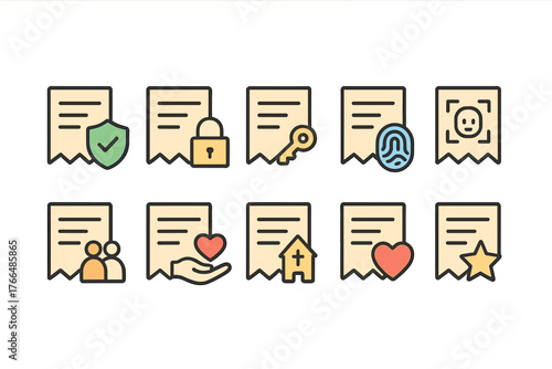 Set of Ten Stylized Document Icons with Unique Symbols in Line Style