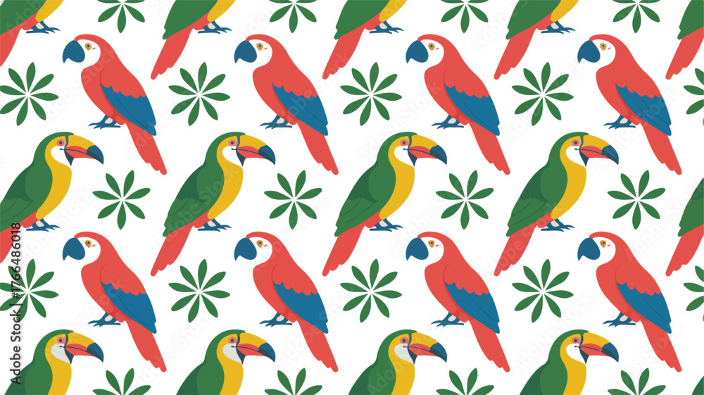 Obraz premium Vibrant seamless pattern of colorful parrots and tropical foliage on white background