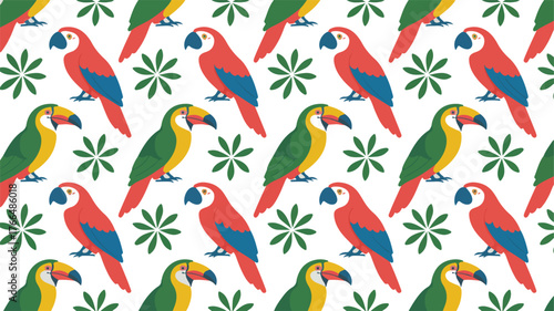 Vibrant seamless pattern of colorful parrots and tropical foliage on white background