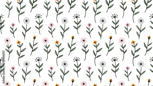 Delicate hand drawn floral pattern with small flowers and leaves on white background