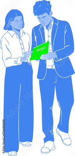 A man and a woman are cooperating and working together on a project on a computer. Students working on a project. Vector illustration.