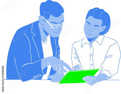 A man and a woman are cooperating and working together on a project on a computer. Students working on a project. Vector illustration.