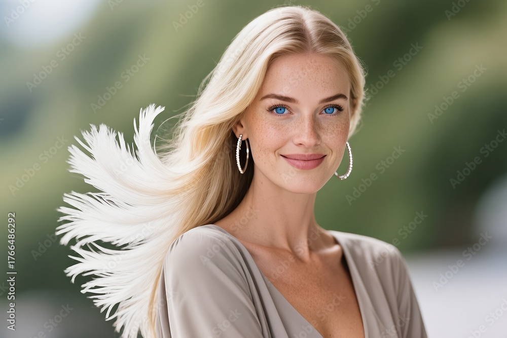Naklejka premium A breathtaking portrait showcasing a young woman with flowing, long, blonde hair set in a peaceful outdoor atmosphere