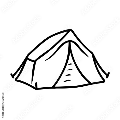 Camping Tent Hand-Drawn Doodle in Minimalist Black Line Art for Children's Illustrations, Outdoor Adventure Blogs, Camping Guides, Educational Materials