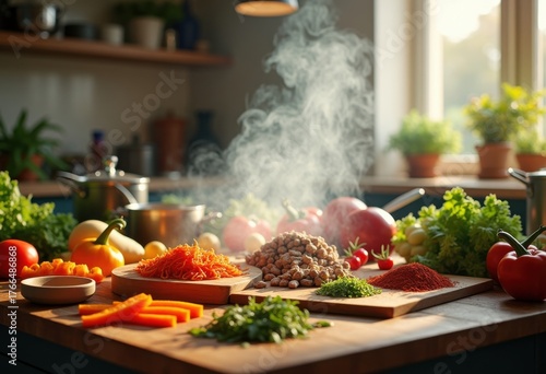 Vibrant Kitchen Ingredients Cooking Utensils Dinner Feast Culinary Art Passion Flavor