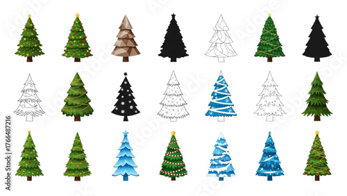 Christmas Tree Icon Set: Colorful, Outline, Silhouette Fir and Pine Vector Collection for Holiday Design