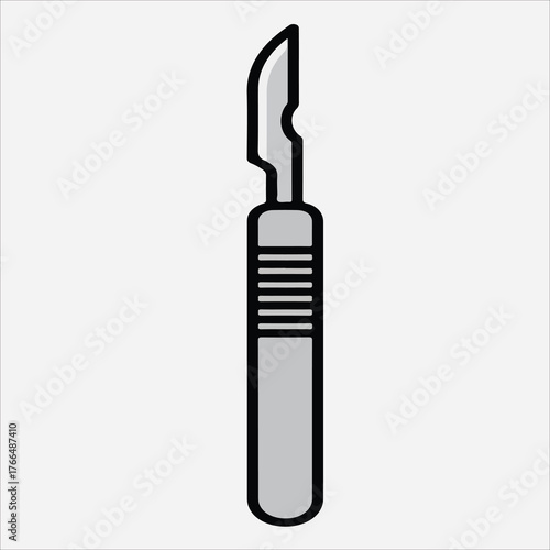 A simple line drawing of a scalpel with a curved blade and ridged handle on a plain white background.