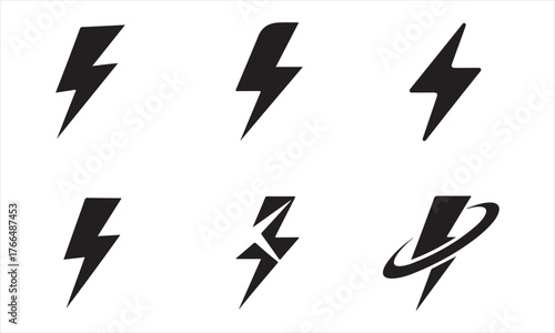Electric shock and thunder vector set – stylized lightning bolt logo symbols for design and branding.