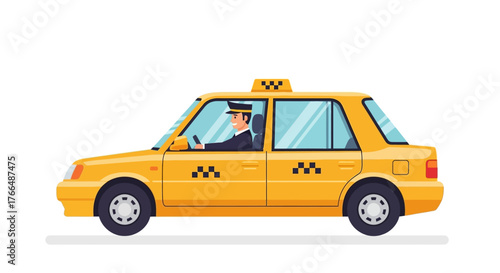 Illustration of a Yellow Taxi Cab with Driver on White Background