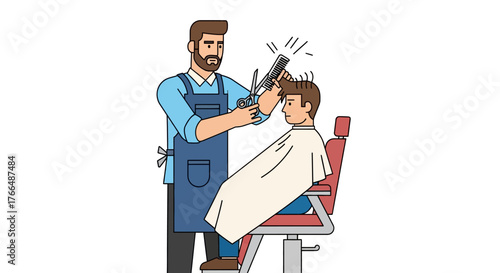 Barber cutting client's hair in modern salon illustration