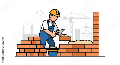 A bricklayer in overalls and a hard hat lays bricks on a construction site
