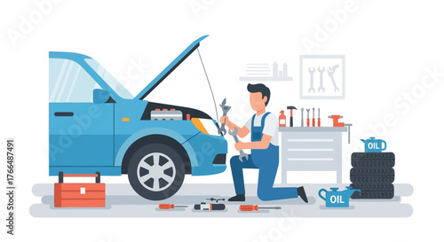 Mechanic repairing car engine in modern auto repair shop