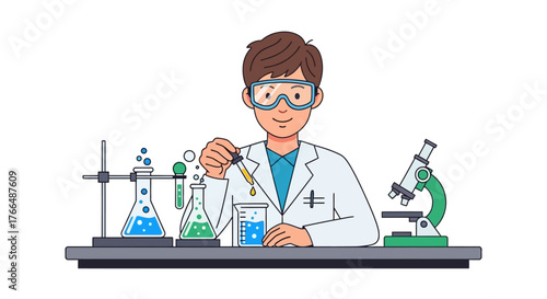 A scientist wearing goggles adds yellow liquid into a beaker in a lab setting