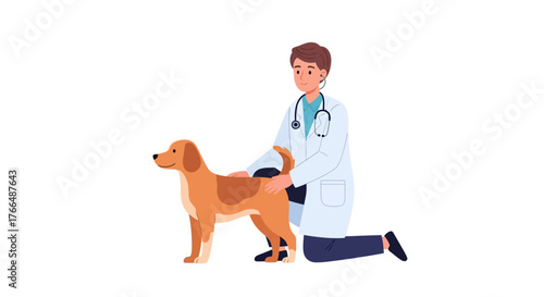 A veterinarian examines a brown dog kneeling while holding the dogs back