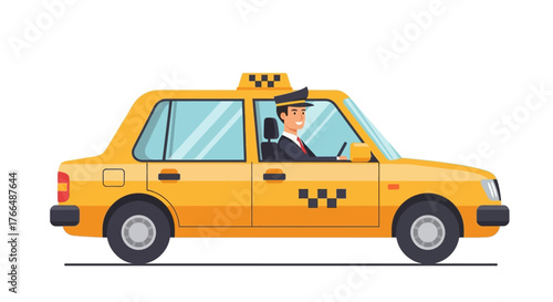 A yellow taxi cab with a smiling driver in uniform is shown from the side