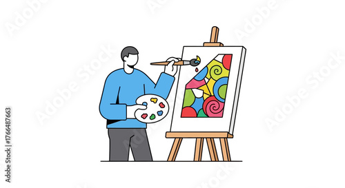 An artist paints a colorful abstract design on a canvas supported by a wooden easel He holds a palette and brush