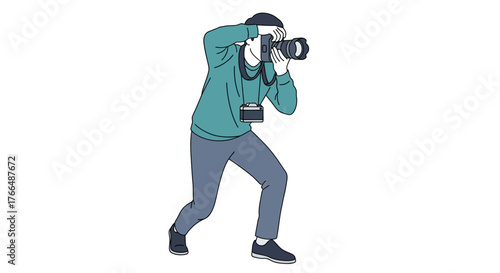 An illustration of a photographer aiming with a digital camera secondary camera hanging from the neck