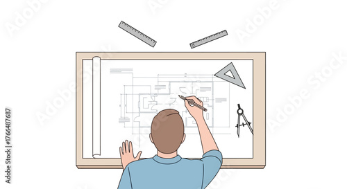 Architect drafting blueprint on board with rulers triangle compass present