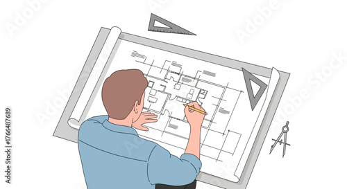 Architect drafting plans on a large blueprint with tools nearby