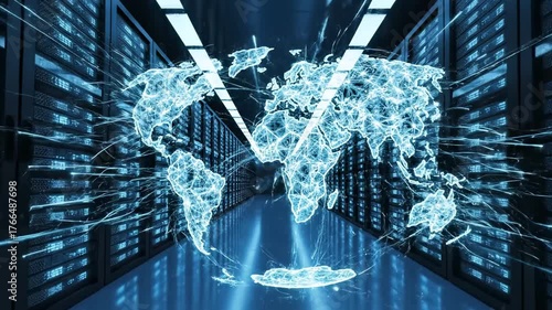 A server room with racks and a glowing world map overlay, symbolizing data globally