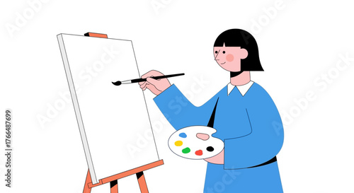 Cartoon artist with palette paints on easel