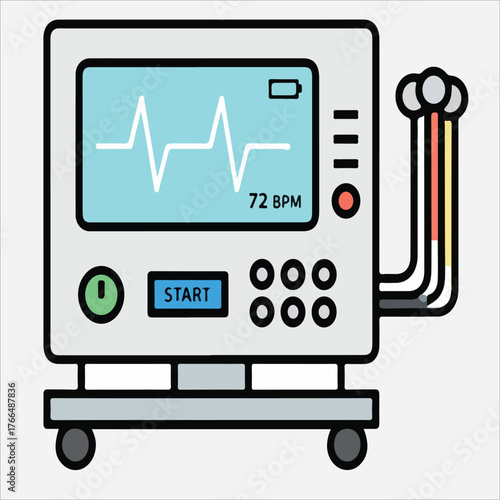 Illustration of a medical device with an electrocardiogram display and control buttons on a clean white background.